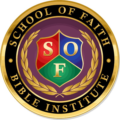 School of Faith Bible Institute seal: a red, blue and green shield with the letters S O F, framed by gold laurel leaves